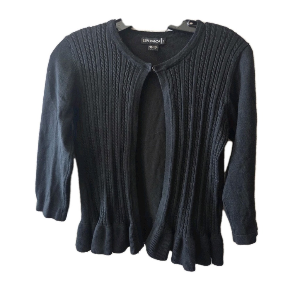 Esperanza Black Knit Peplum Cardigan Sweater Small Ribbed‎ Cropped